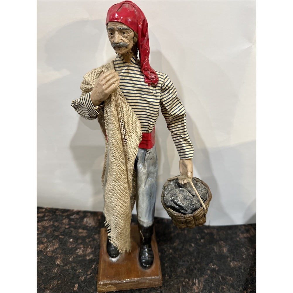 Vintage Santon Style Fisherman Figurine with Net and Fish Basket 14.5 inch